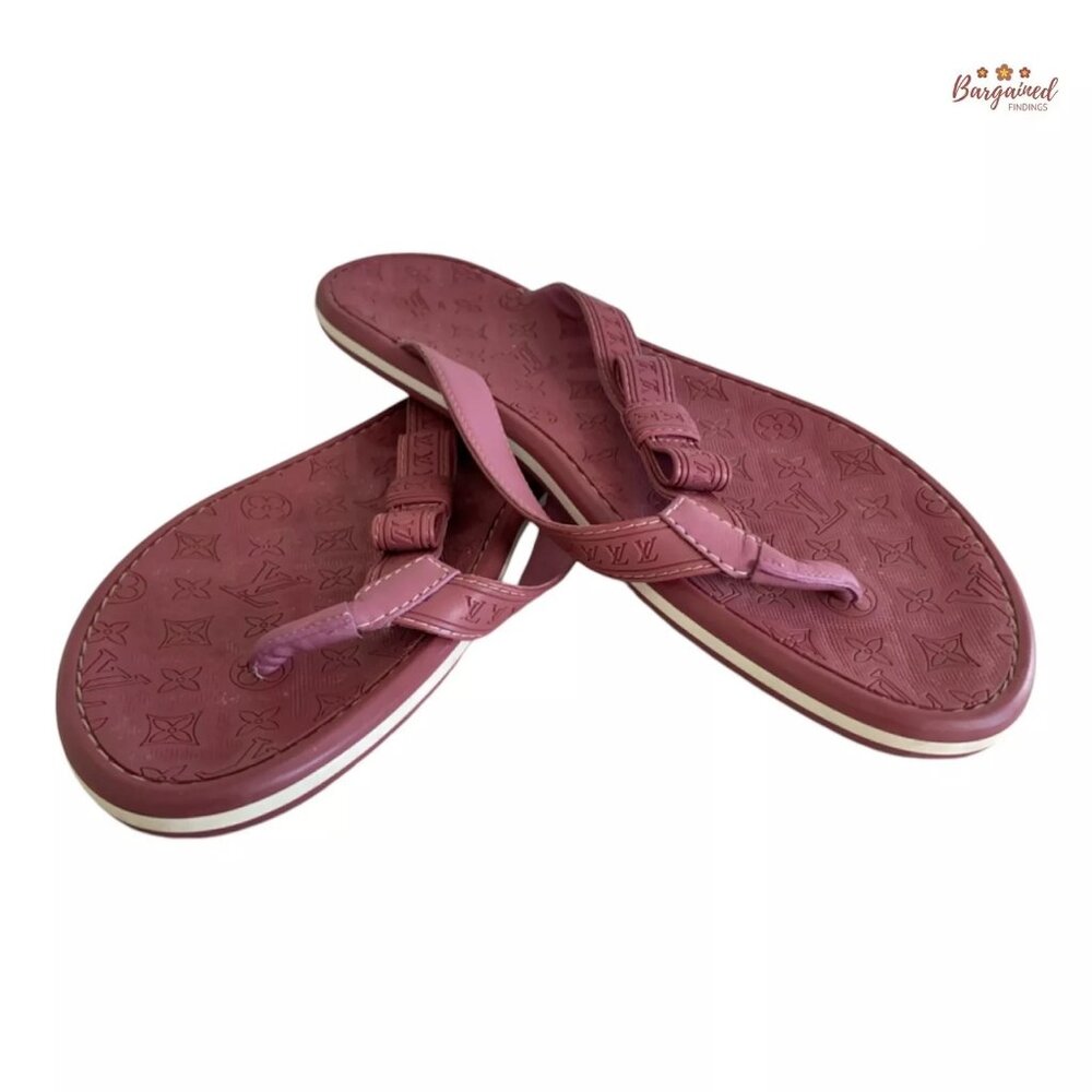 Auth Louis Vuitton Rose Pink Monogram Embossed Rubber Flip Flop Sandals 37.5/7.5